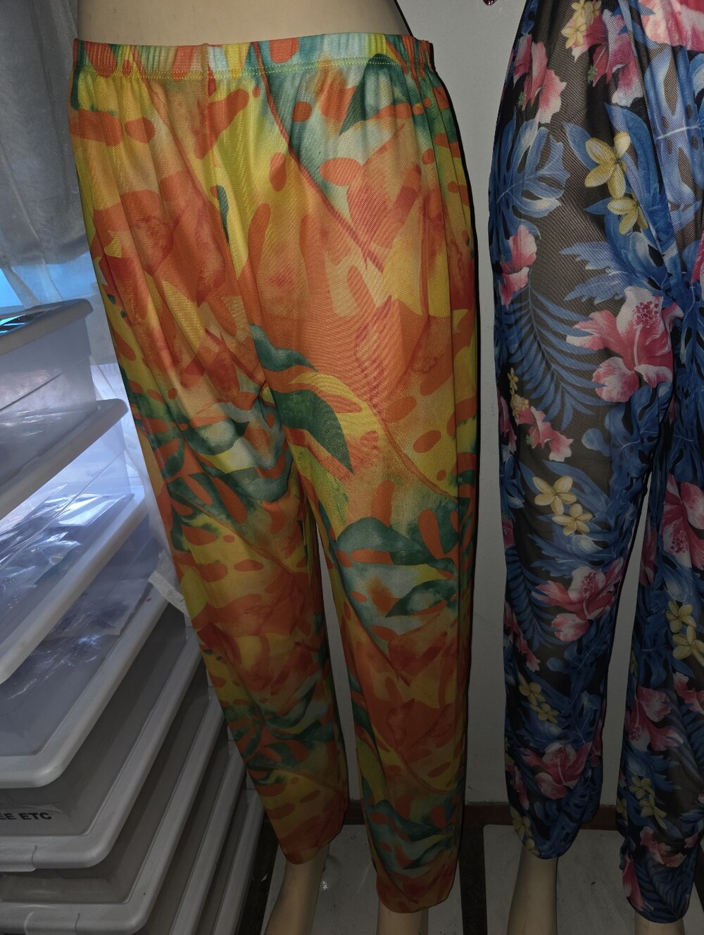 Tropical Orange & Teal Printed Elastic Waist Pants